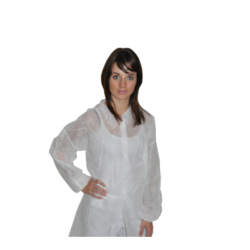 Blouse jetable PP blanc &eacute;lastiqu&eacute;e 4 pressions sans poches (Carton de 50)